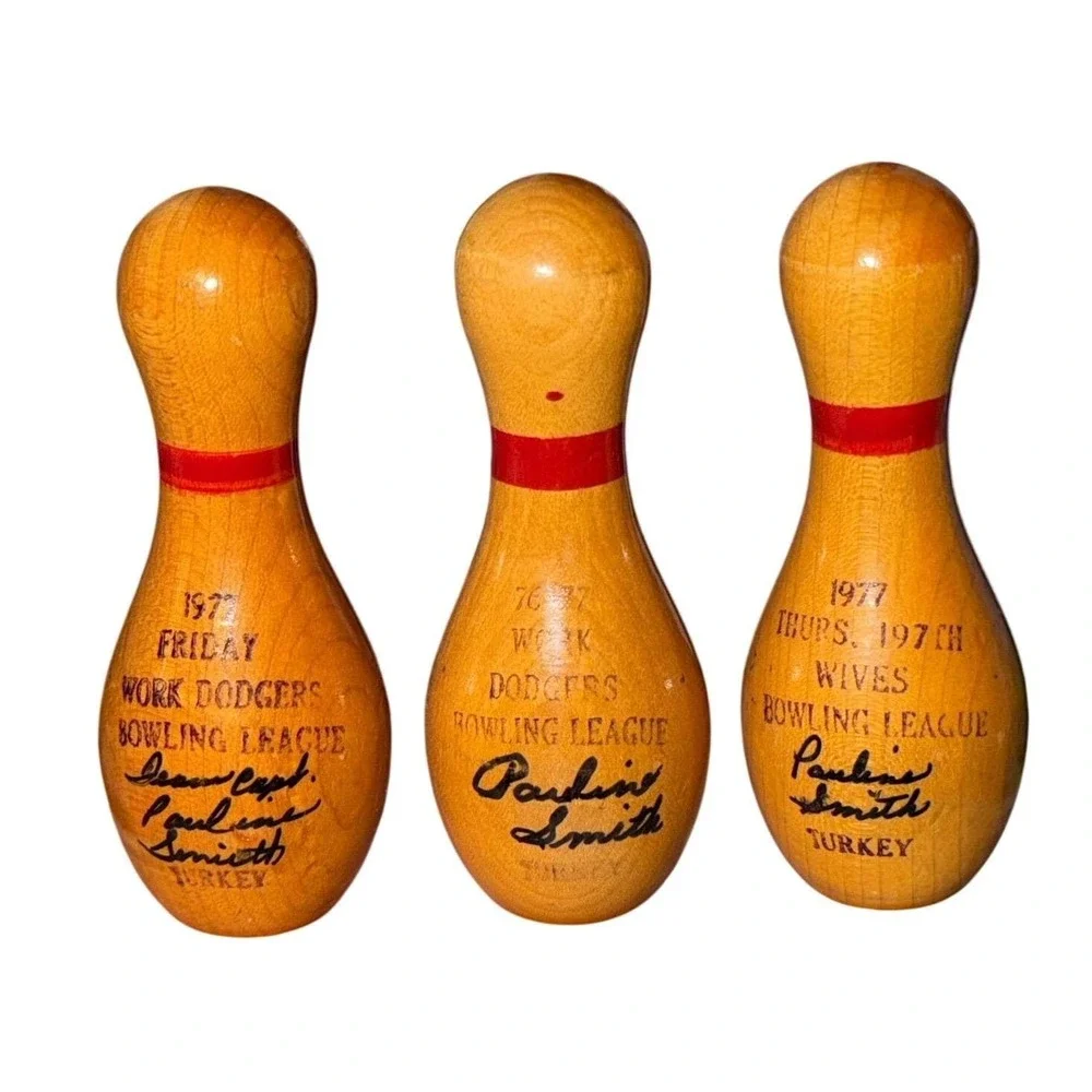 Vtg 1977 Work Dodgers Bowling League Signed Wood Mini‎ Pins Turkey Collectibles